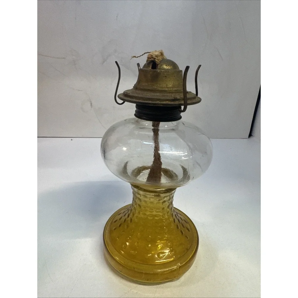 Vintage ‎ Hobnail  to Clear Orange/Amber Glass Oil Kerosene Lamp